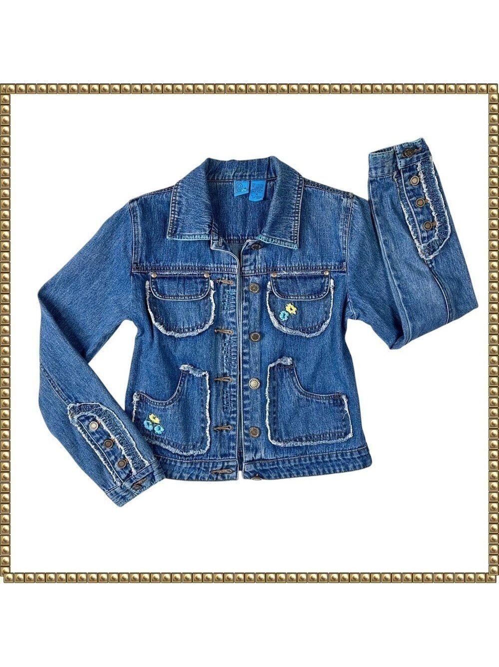 Denim Jacket Floral Embroidered Fringe Medium